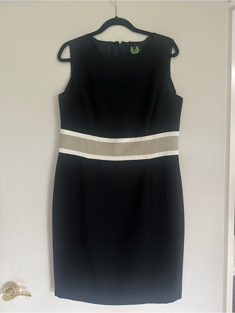 Black Label Black Midi Sheath Dress with White and Taupe Waistband